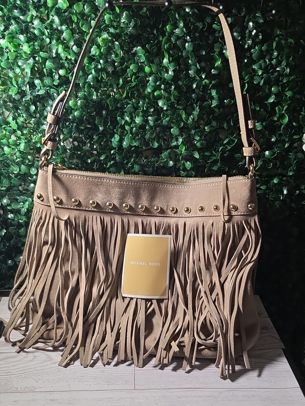Michael Kors Beige Fringe Shoulder Bag with Gold Studs